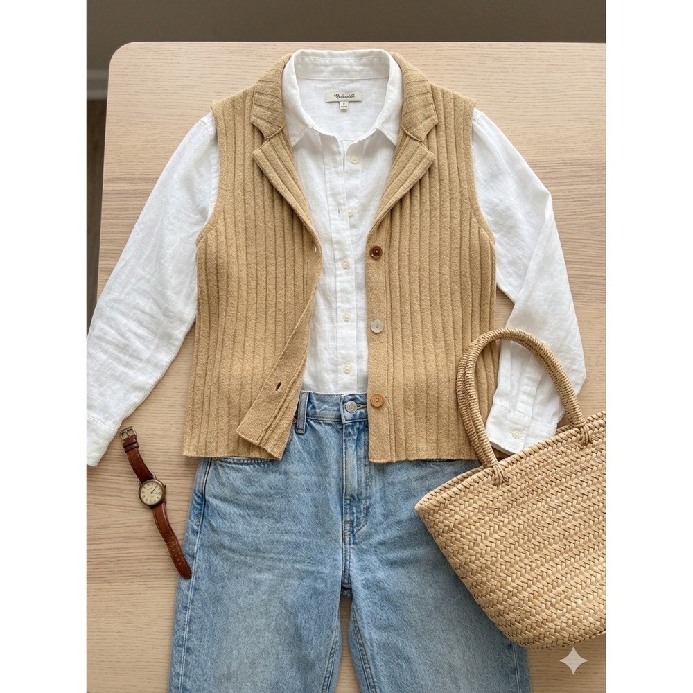 MADEWELL Ribbed Vest Top Sz L Coastal Grandmother Terry Cloth Cottagecore Boho - Picture 2 of 12